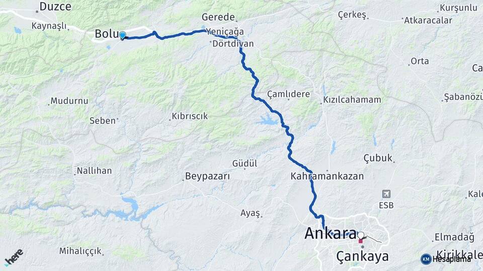 Bolu Kızılay Çankaya Ankara Arası Kaç Km - Yol Haritası