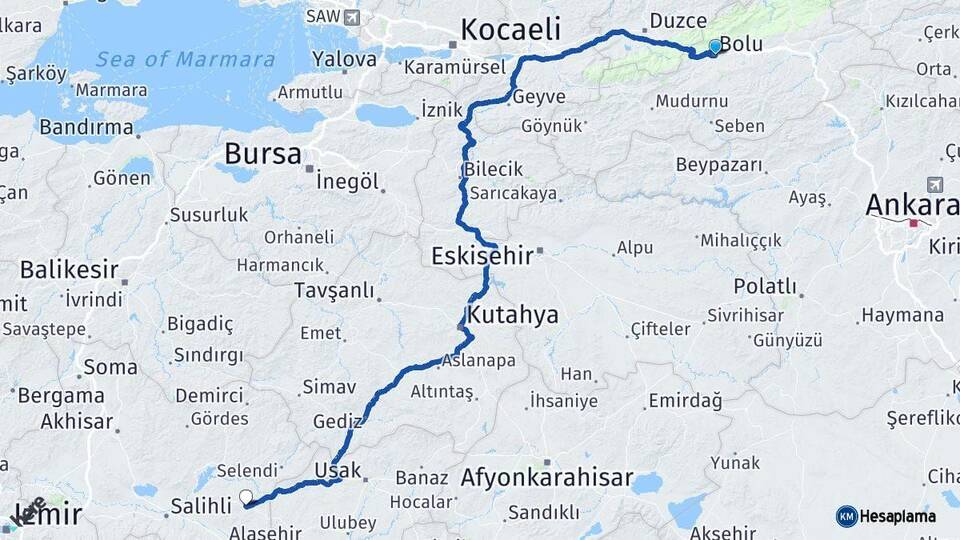 Bolu Kula Manisa Arası Kaç Km - Yol Haritası