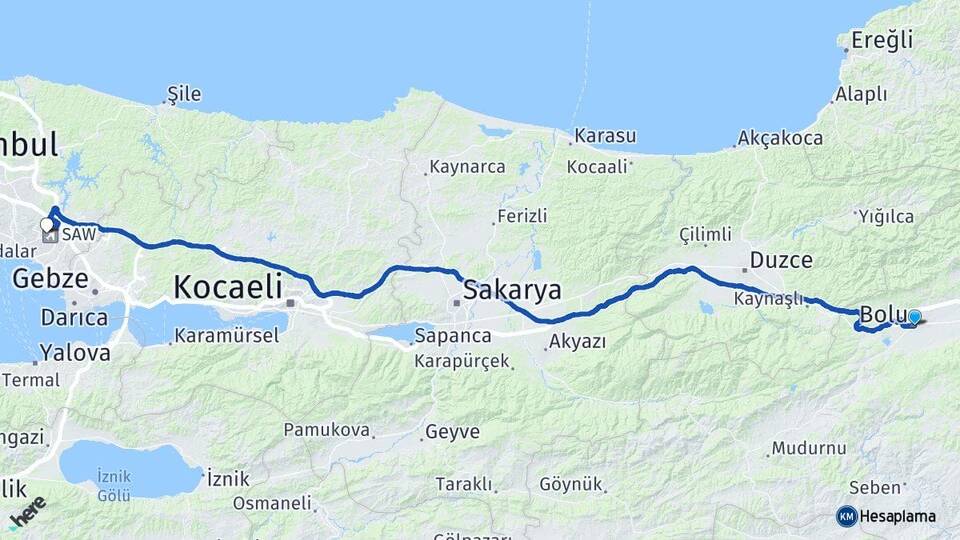 Bolu Kurtköy Pendik İstanbul Arası Kaç Km - Yol Haritası