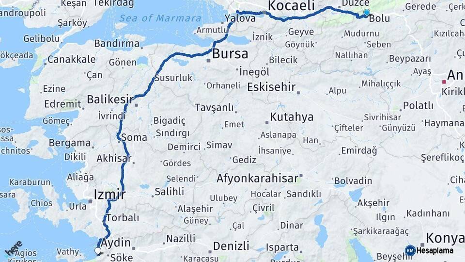 Bolu Kuşadası Aydın Arası Kaç Km - Yol Haritası