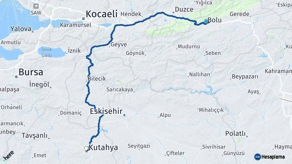 Bolu Kütahya Arası Kaç Km - Yol Haritası