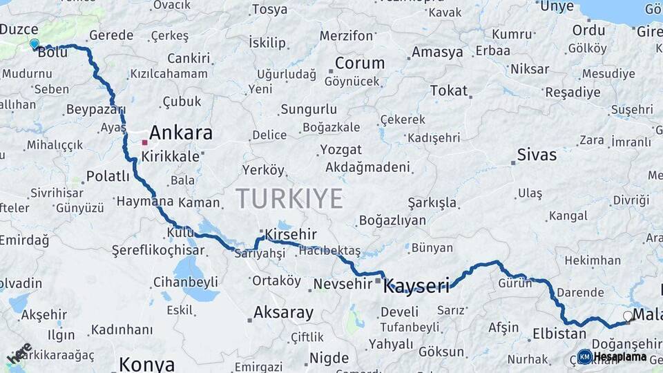 Bolu Malatya Arası Kaç Km - Yol Haritası