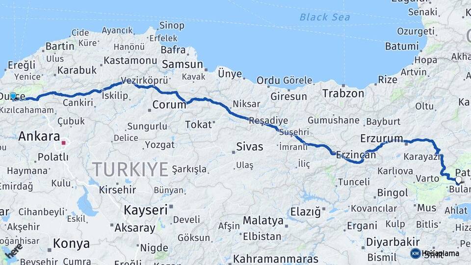 Bolu Malazgirt Muş Arası Kaç Km - Yol Haritası