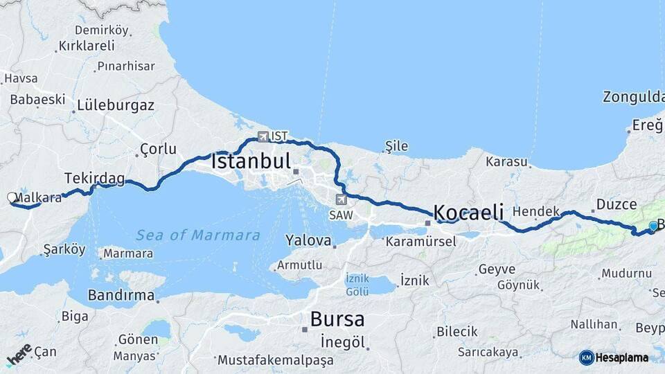Bolu Malkara Tekirdağ Arası Kaç Km - Yol Haritası