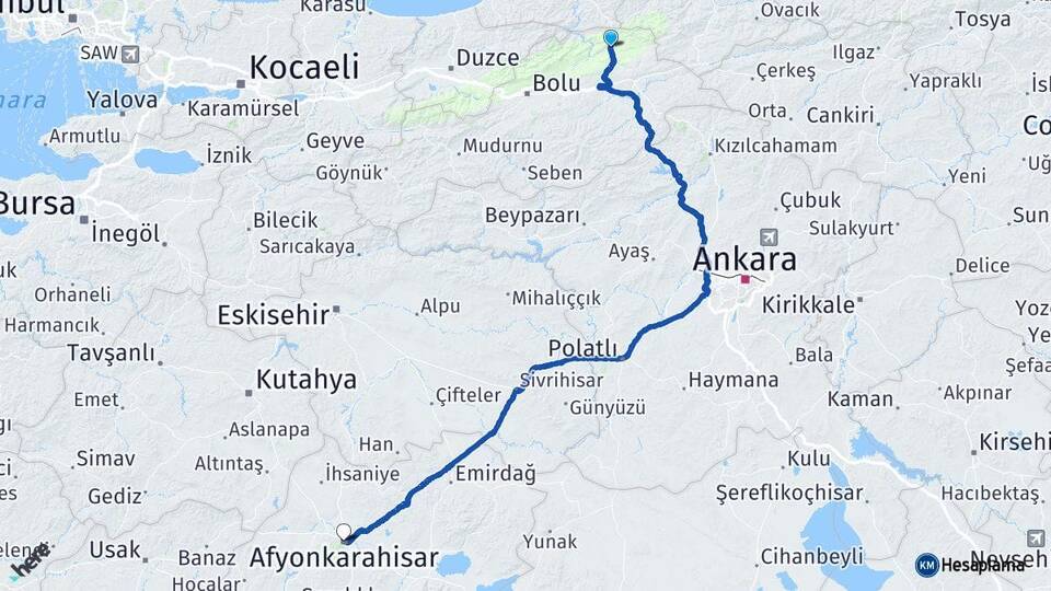 Bolu Mengen Afyonkarahisar Arası Kaç Km - Yol Haritası