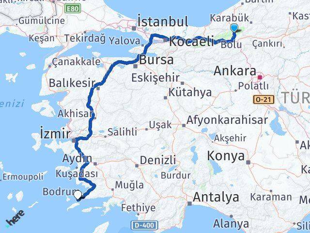 Bolu Mengen Akyarlar Bodrum Muğla Arası Kaç Km - Yol Haritası