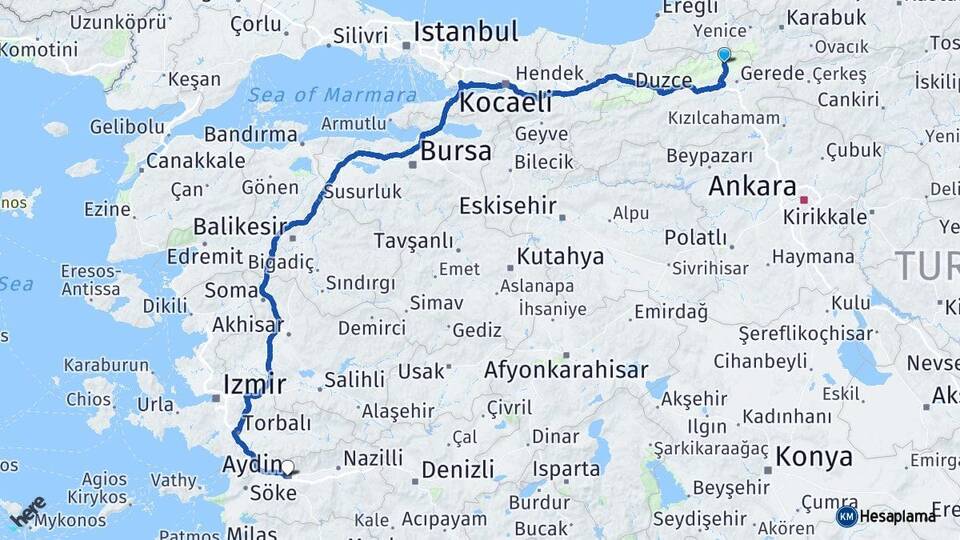 Bolu Mengen Aydın Arası Kaç Km - Yol Haritası