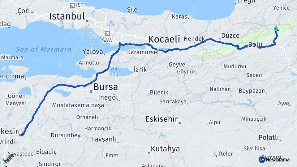 Bolu Mengen Balıkesir Arası Kaç Km - Yol Haritası
