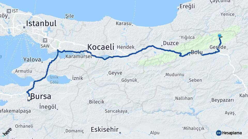 Bolu Mengen Bursa Arası Kaç Km - Yol Haritası