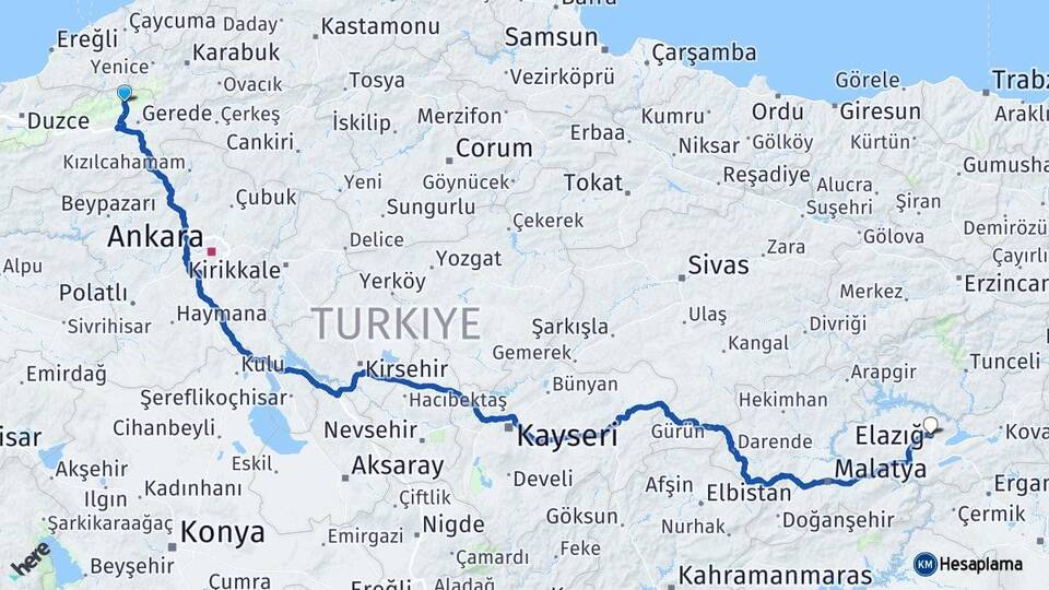 Bolu Mengen Elazığ Arası Kaç Km - Yol Haritası