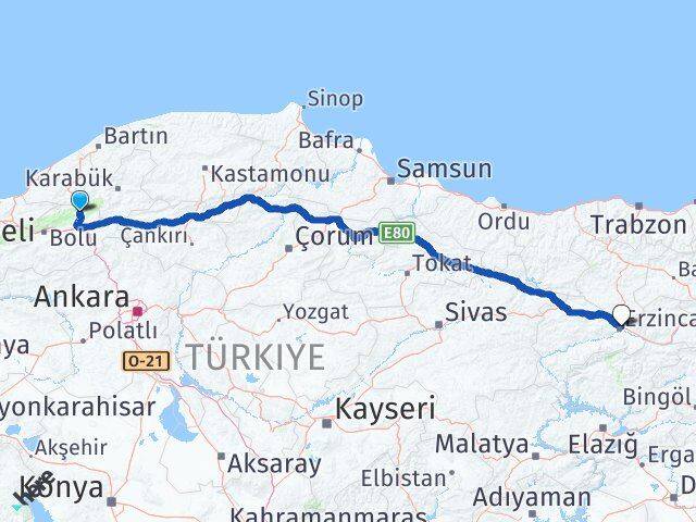 Bolu Mengen Erzincan Arası Kaç Km - Yol Haritası