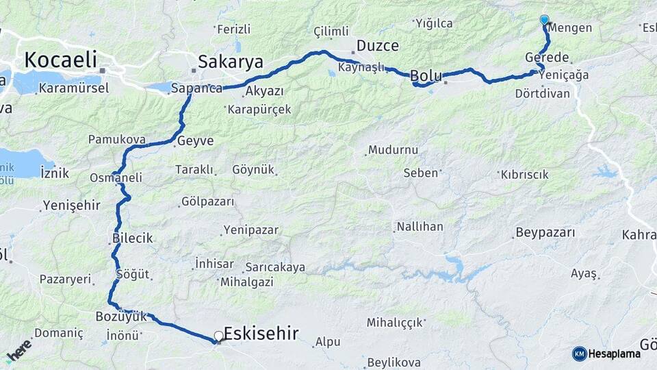 Bolu Mengen Eskişehir Arası Kaç Km - Yol Haritası