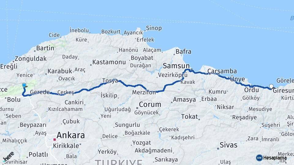 Bolu Mengen Giresun Arası Kaç Km - Yol Haritası