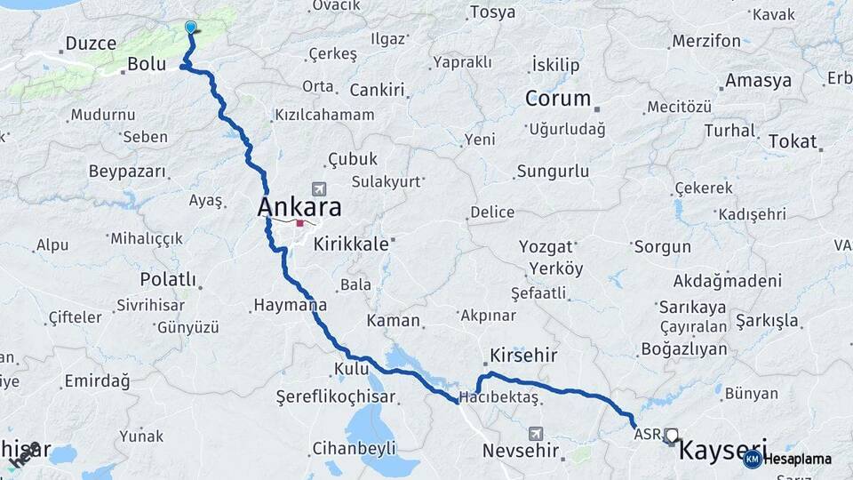Bolu Mengen Kayseri Arası Kaç Km - Yol Haritası