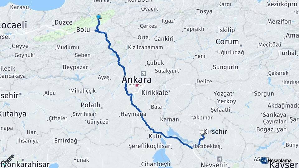 Bolu Mengen Kırşehir Arası Kaç Km - Yol Haritası