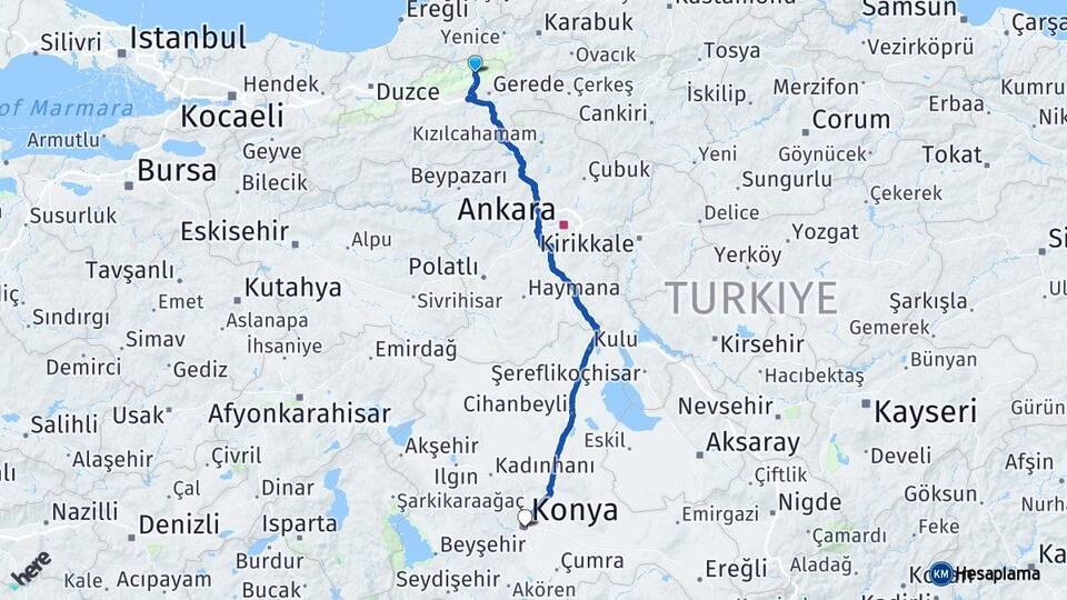 Bolu Mengen Konya Arası Kaç Km - Yol Haritası