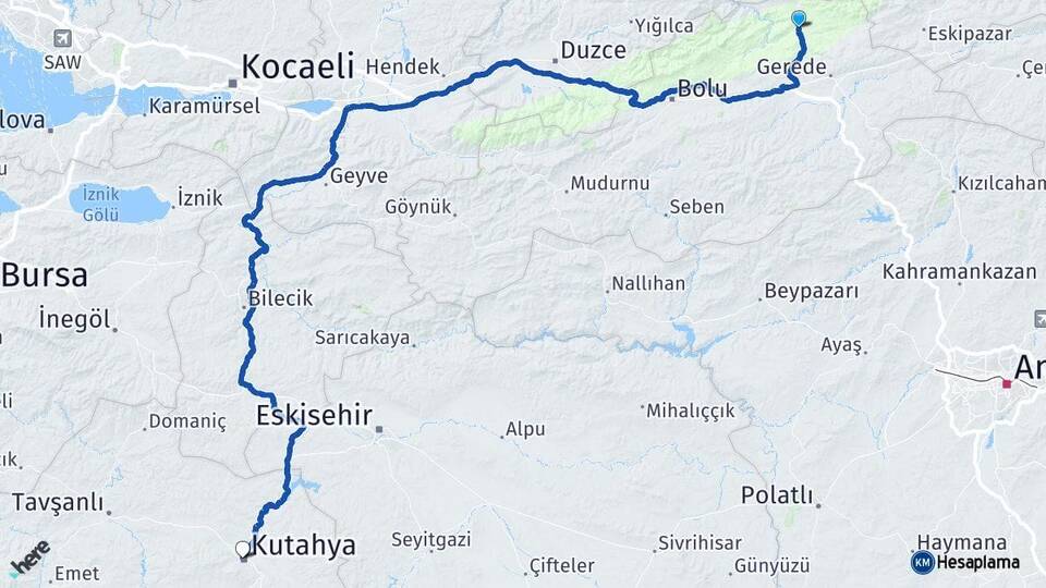 Bolu Mengen Kütahya Arası Kaç Km - Yol Haritası