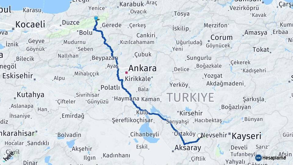Bolu Mengen Nevşehir Arası Kaç Km - Yol Haritası
