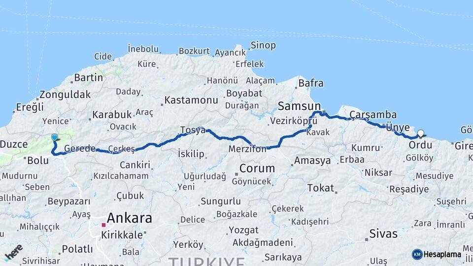 Bolu Mengen Ordu Arası Kaç Km - Yol Haritası