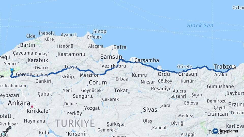 Bolu Mengen Rize Arası Kaç Km - Yol Haritası