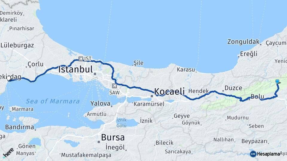 Bolu Mengen Tekirdağ Arası Kaç Km - Yol Haritası