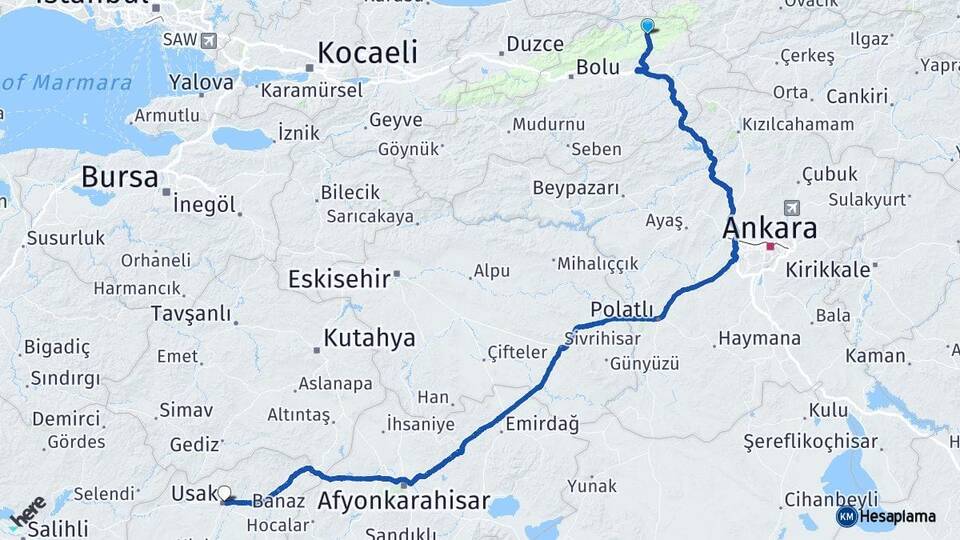 Bolu Mengen Uşak Arası Kaç Km - Yol Haritası