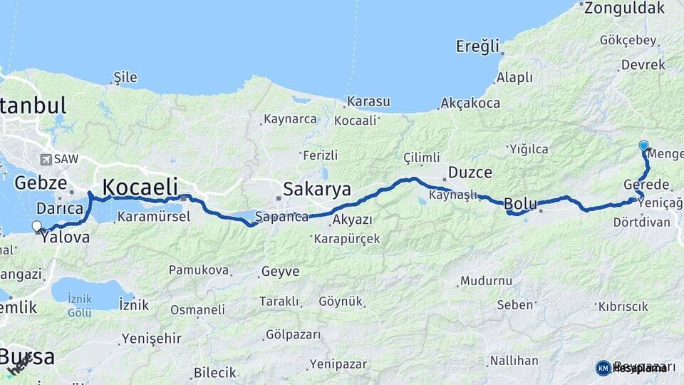 Bolu Mengen Yalova Arası Kaç Km - Yol Haritası