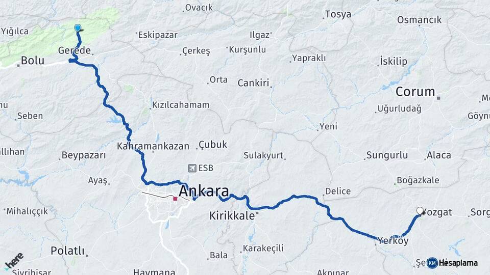 Bolu Mengen Yozgat Arası Kaç Km - Yol Haritası