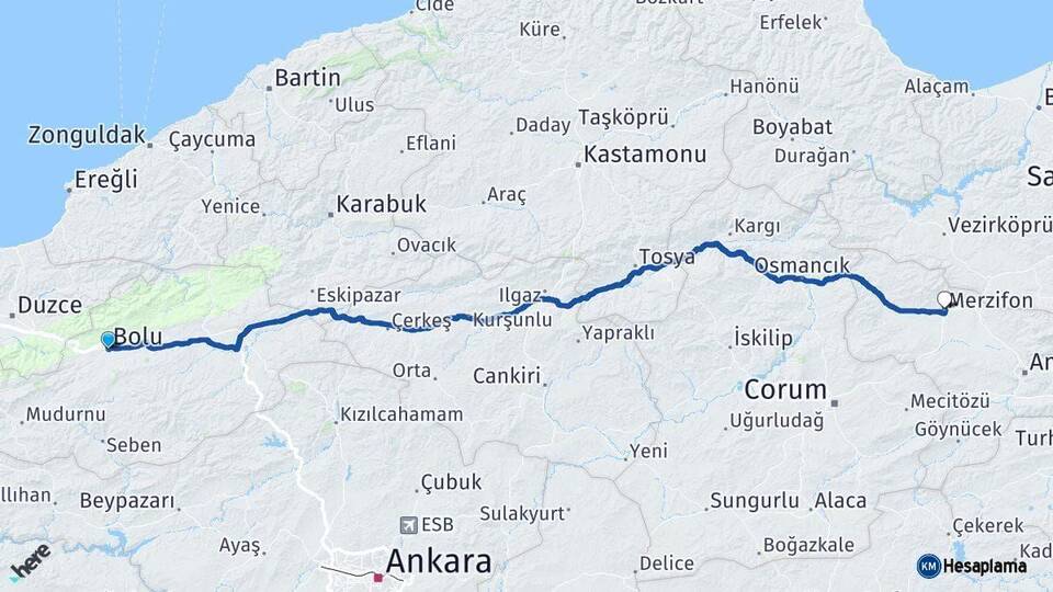 Bolu Merzifon Amasya Arası Kaç Km - Yol Haritası