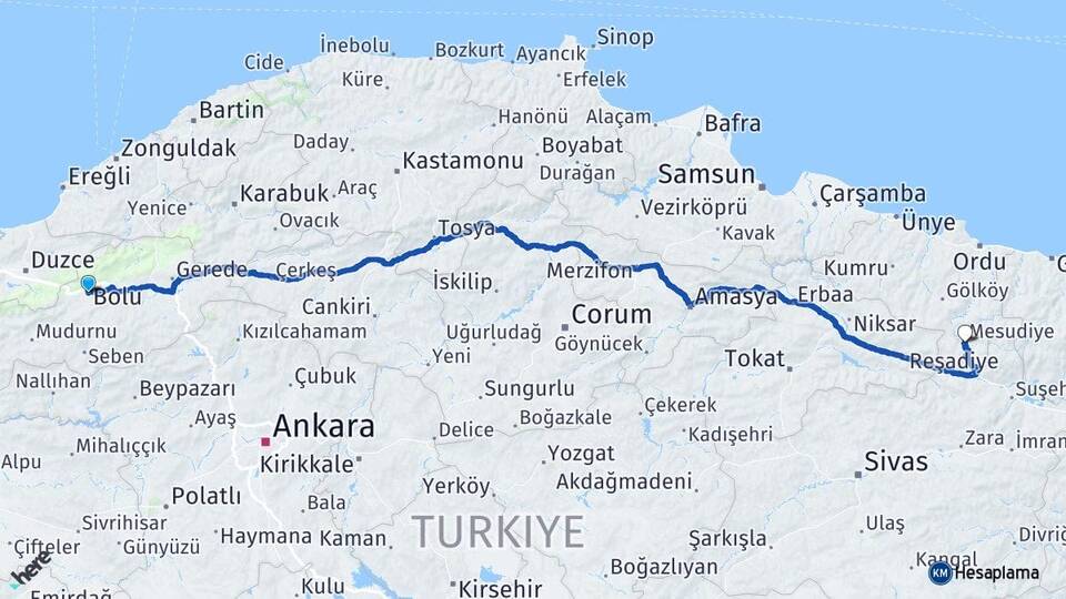 Bolu Mesudiye Ordu Arası Kaç Km - Yol Haritası