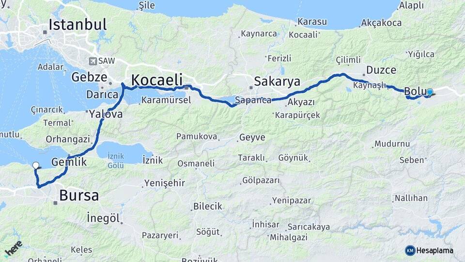 Bolu Mudanya Bursa Arası Kaç Km - Yol Haritası