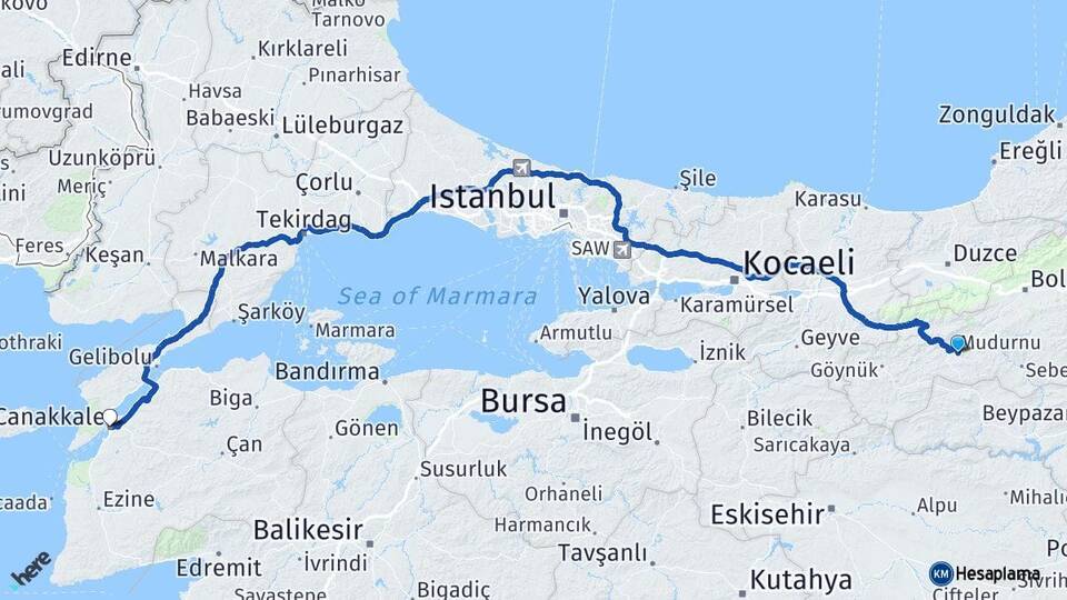 Bolu Mudurnu Çanakkale Arası Kaç Km - Yol Haritası