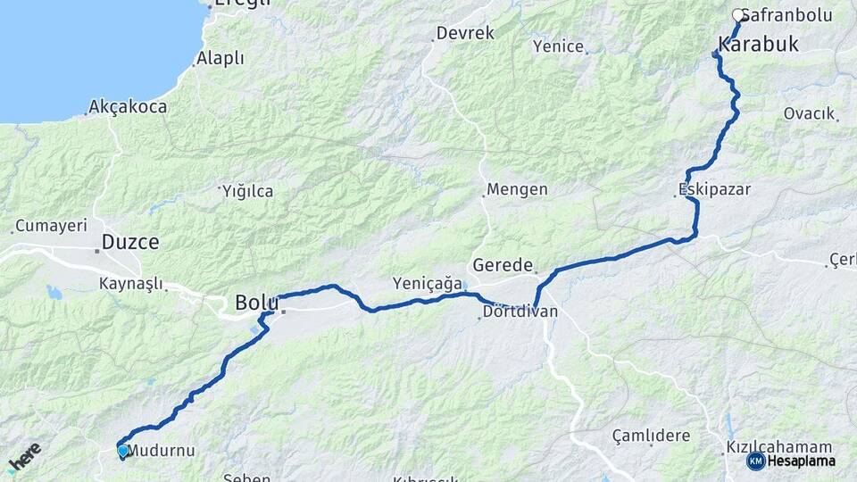Bolu Mudurnu Safranbolu Karabük Arası Kaç Km - Yol Haritası