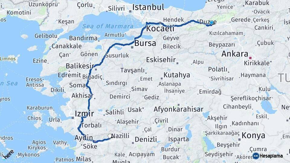 Bolu Nazilli Aydın Arası Kaç Km - Yol Haritası
