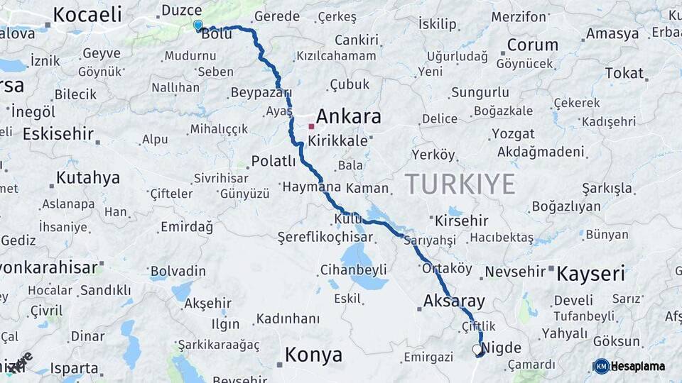 Bolu Niğde Arası Kaç Km - Yol Haritası