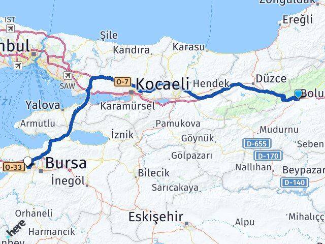 Bolu Nilüfer Bursa Arası Kaç Km - Yol Haritası