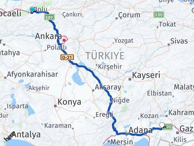 Bolu Nurdağı Gaziantep Arası Kaç Km - Yol Haritası
