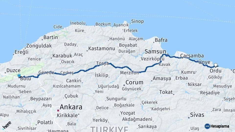 Bolu Ordu Arası Kaç Km - Yol Haritası