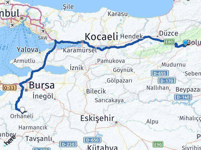 Bolu Orhaneli Bursa Arası Kaç Km - Yol Haritası