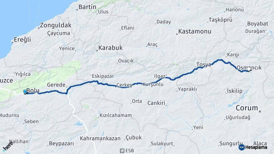 Bolu Osmancık Çorum Arası Kaç Km - Yol Haritası