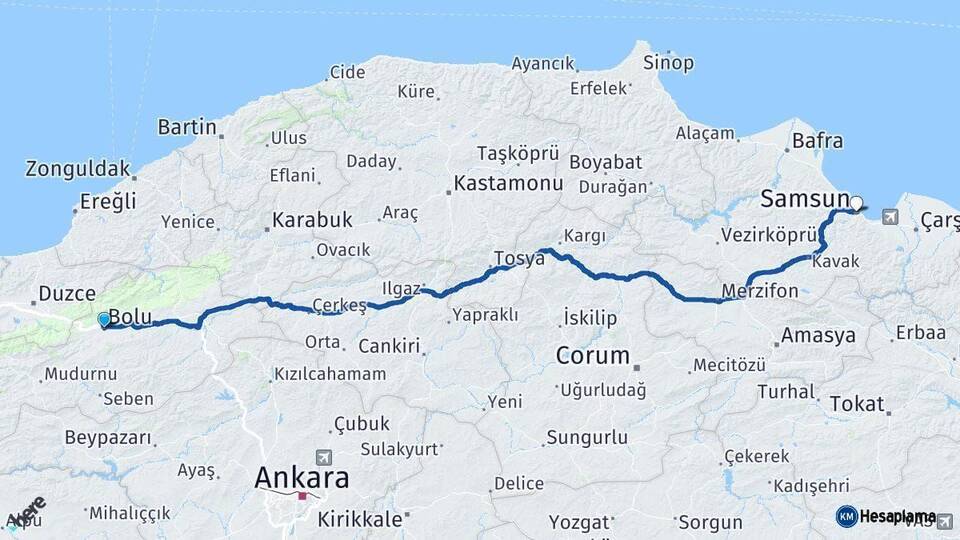 Bolu Samsun Arası Kaç Km - Yol Haritası