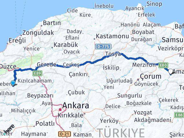 Bolu Seben Amasya Arası Kaç Km - Yol Haritası