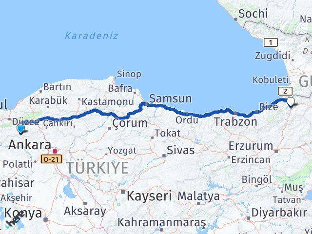 Bolu Seben Artvin Arası Kaç Km - Yol Haritası