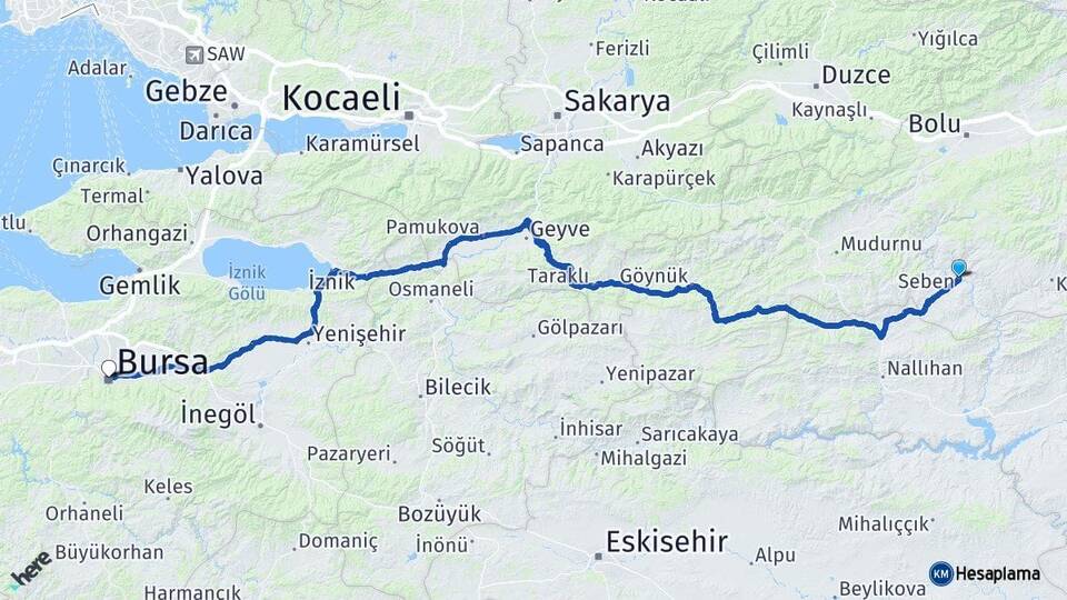 Bolu Seben Bursa Arası Kaç Km - Yol Haritası