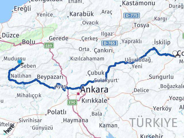 Bolu Seben Çorum Arası Kaç Km - Yol Haritası