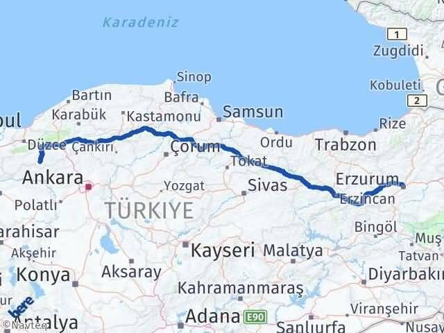 Bolu Seben Erzurum Arası Kaç Km - Yol Haritası