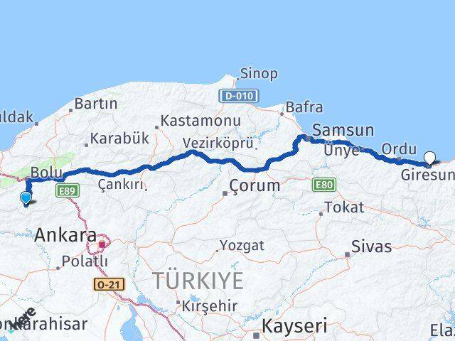 Bolu Seben Giresun Arası Kaç Km - Yol Haritası