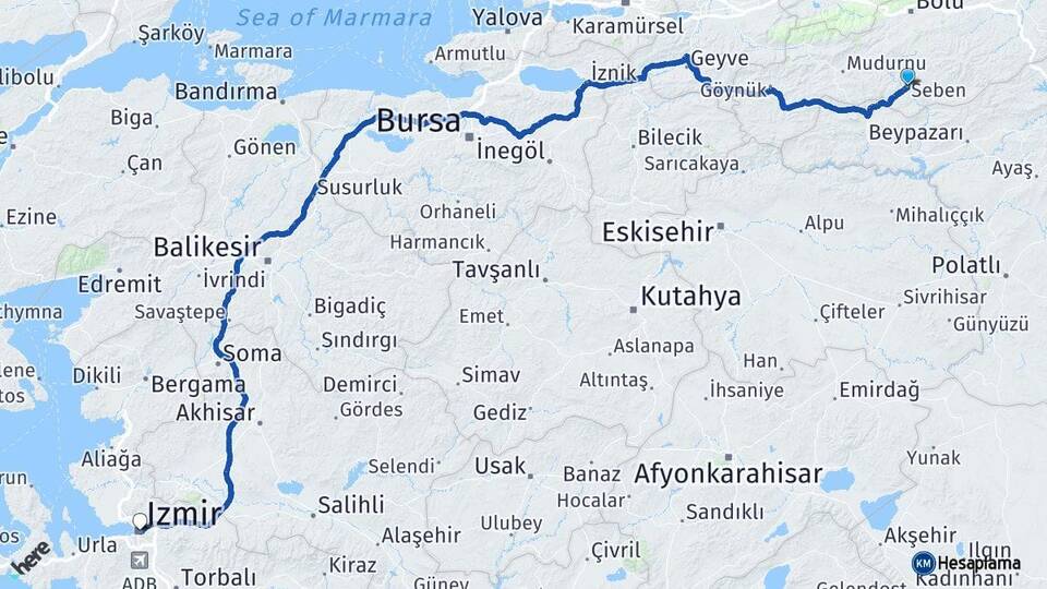 Bolu Seben İzmir Arası Kaç Km - Yol Haritası