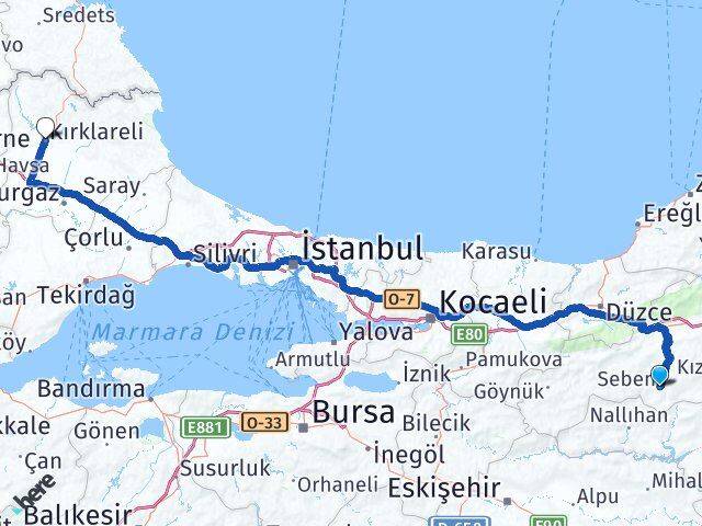 Bolu Seben Kırklareli Arası Kaç Km - Yol Haritası