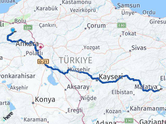 Bolu Seben Malatya Arası Kaç Km - Yol Haritası